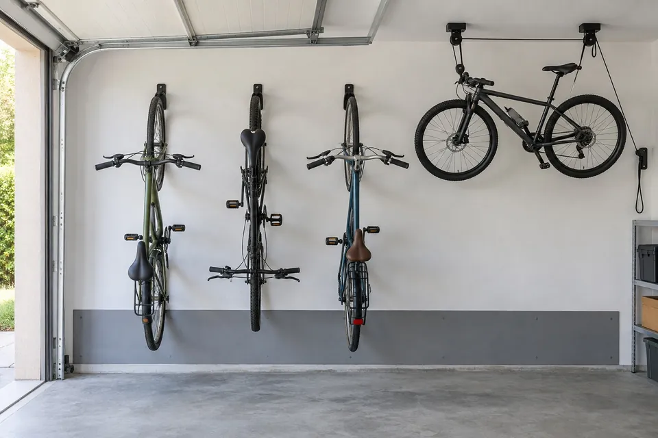 Trois vélos suspendus à la verticale à des crochets muraux, montés tête-bêche, et un quatrième hissé sous le plafond du garage par un palan à poulies