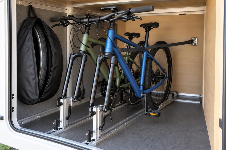 Deux vélos debout dans la soute d’un camping-car, roue avant retirée, fourches bloquées sur des supports vissés au plancher, roues arrière dans des rails et roues avant dans une housse murale
