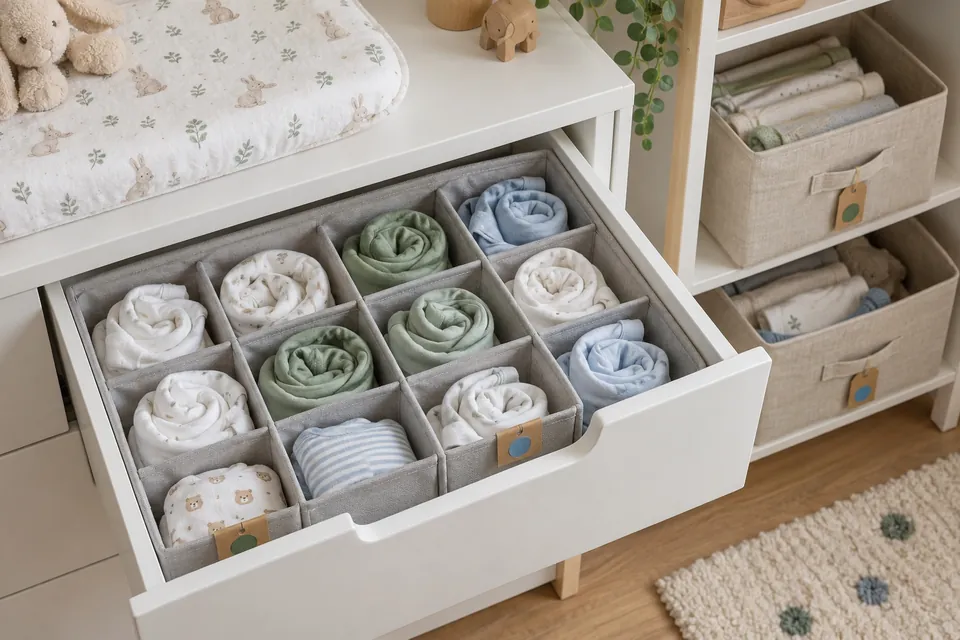 Tiroir de commode à langer ouvert avec un organisateur à alvéoles contenant des bodies et des pyjamas de bébé roulés, une case par type, et deux boîtes en tissu étiquetées par taille sur une étagère